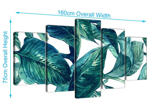 Panoramic Extra Large Teal Blue Green Tropical Exotic Leaves Canvas Multi 5 Piece 5325 For Your Living Room