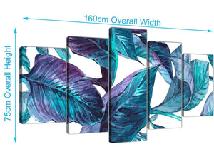 Panoramic Extra Large Turquoise And White Tropical Leaves Canvas Split Set Of 5 5323 For Your Dining Room