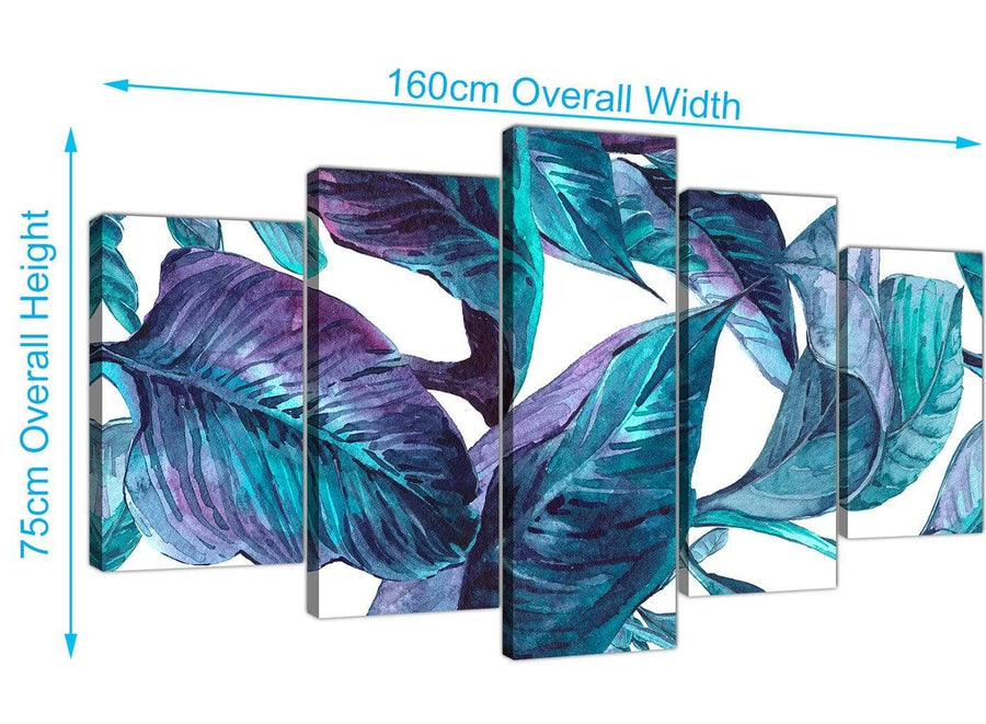 Panoramic Extra Large Turquoise And White Tropical Leaves Canvas Split Set Of 5 5323 For Your Dining Room