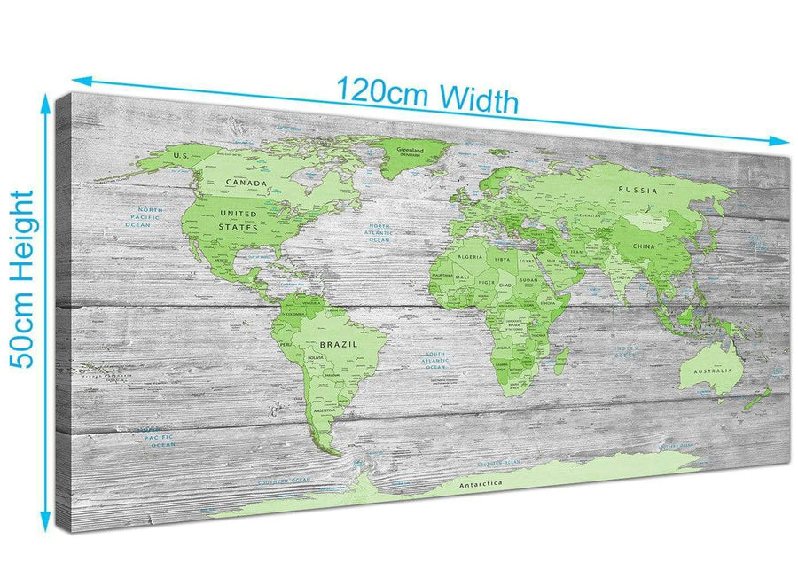 Panoramic Green Grey Large Lime Green Grey World Map Atlas Canvas Wall Art Print Maps Canvas Modern 120cm Wide 1301 For Your Study