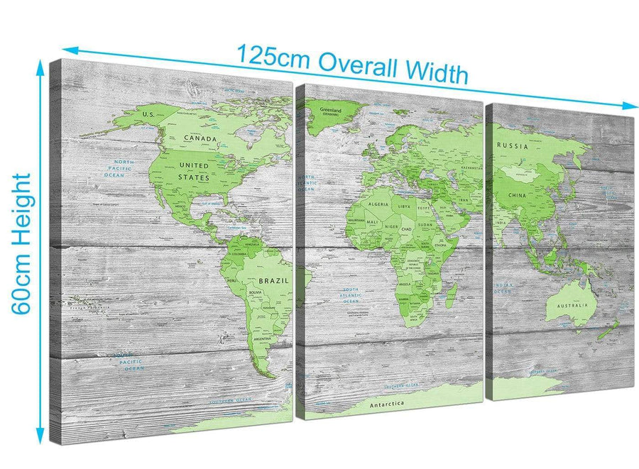 Panoramic Green Grey Large Lime Green Grey World Map Atlas Canvas Wall Art Print Maps Canvas Multi 3 Piece 3301 For Your Boys Bedroom