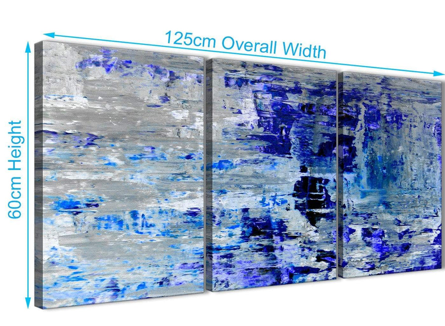 Panoramic Indigo Blue Grey Abstract Painting Wall Art Print Canvas Split Set Of 3 125cm Wide 3358 For Your Dining Room