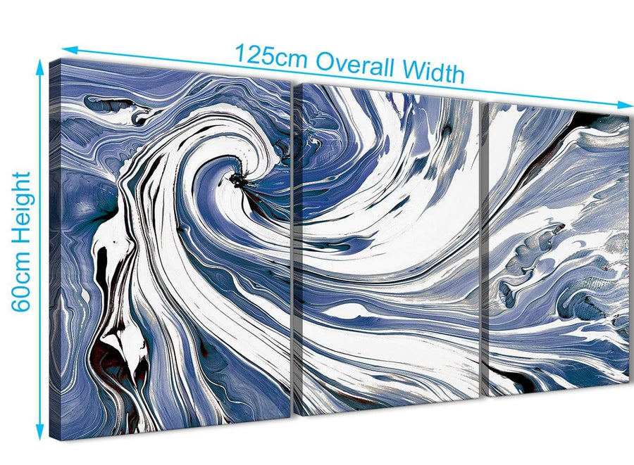Panoramic Indigo Blue White Swirls Modern Abstract Canvas Wall Art Split 3 Piece 125cm Wide 3352 For Your Dining Room