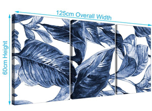 Panoramic Indigo Navy Blue White Tropical Leaves Canvas Multi Triptych 3320 For Your Kitchen