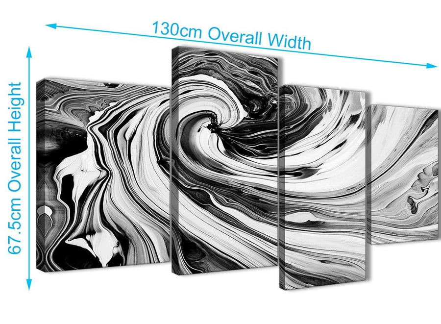 Panoramic Large Black White Grey Swirls Modern Abstract Canvas Wall Art Split 4 Piece 130cm Wide 4354 For Your Dining Room