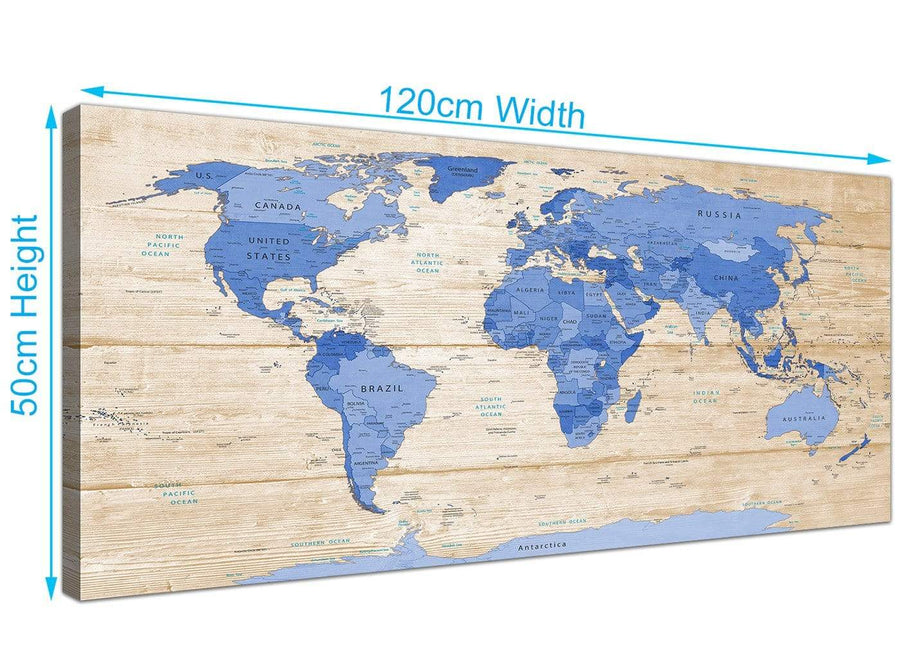 Panoramic Large Blue Cream Map Of World Atlas Canvas Modern 120cm Wide 1308 For Your Dining Room