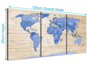 Panoramic Large Blue Cream Map Of World Atlas Canvas Multi 3 Piece 3308 For Your Dining Room