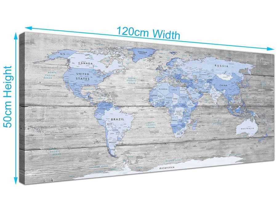 Panoramic Large Blue Grey Map Of World Atlas Maps Canvas Modern 120cm Wide 1303 For Your Office
