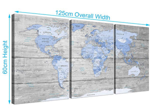 Panoramic Large Blue Grey Map Of World Atlas Maps Canvas Multi 3 Set 3303 For Your Living Room