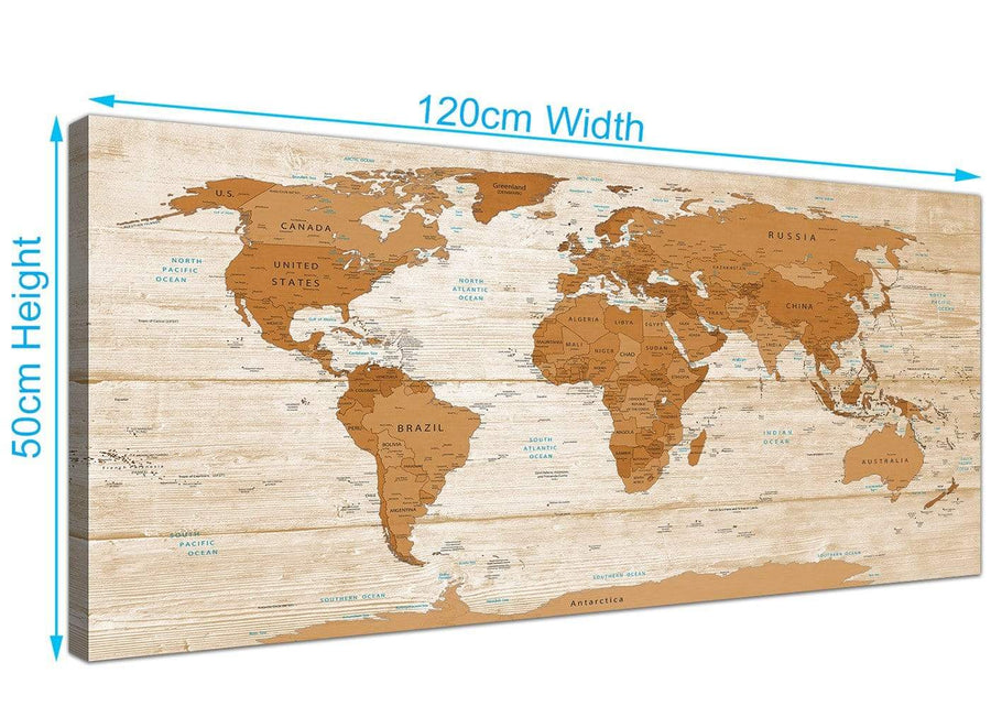 Panoramic Large Brown Cream Map Of World Atlas Canvas Modern 120cm Wide 1307 For Your Dining Room