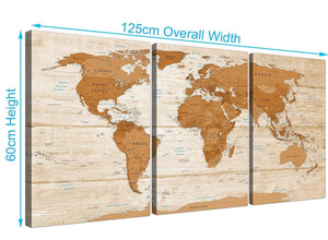 Panoramic Large Brown Cream Map Of World Atlas Canvas Multi 3 Set 3307 For Your Living Room
