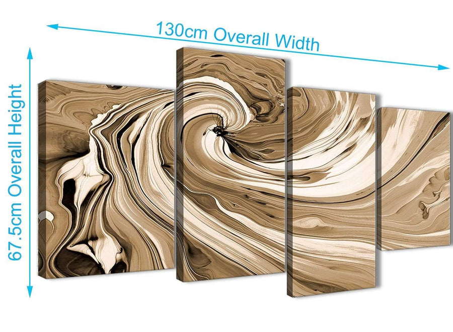 Panoramic Large Brown Cream Swirls Modern Abstract Canvas Wall Art Split 4 Panel 130cm Wide 4349 For Your Living Room