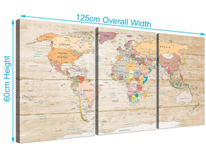 Panoramic Large Cream Map Of The World Atlas Picture Canvas Split 3 Panel 3314 For Your Office