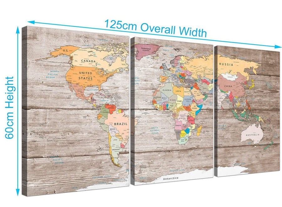 Panoramic Large Decorative Map Of The World Atlas Canvas Multi Triptych 3326 For Your Office