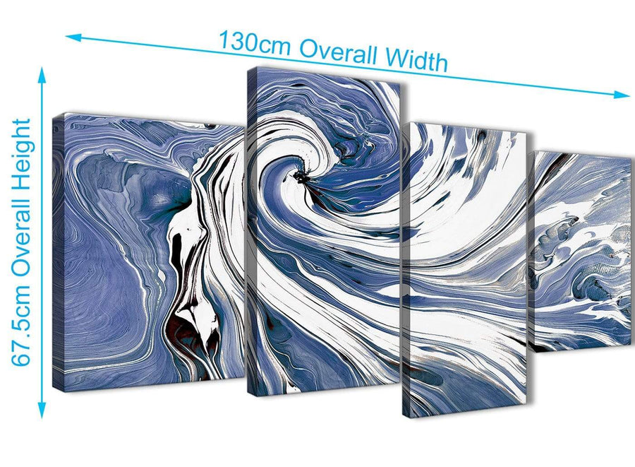 Panoramic Large Indigo Blue White Swirls Modern Abstract Canvas Wall Art Split 4 Piece 130cm Wide 4352 For Your Living Room