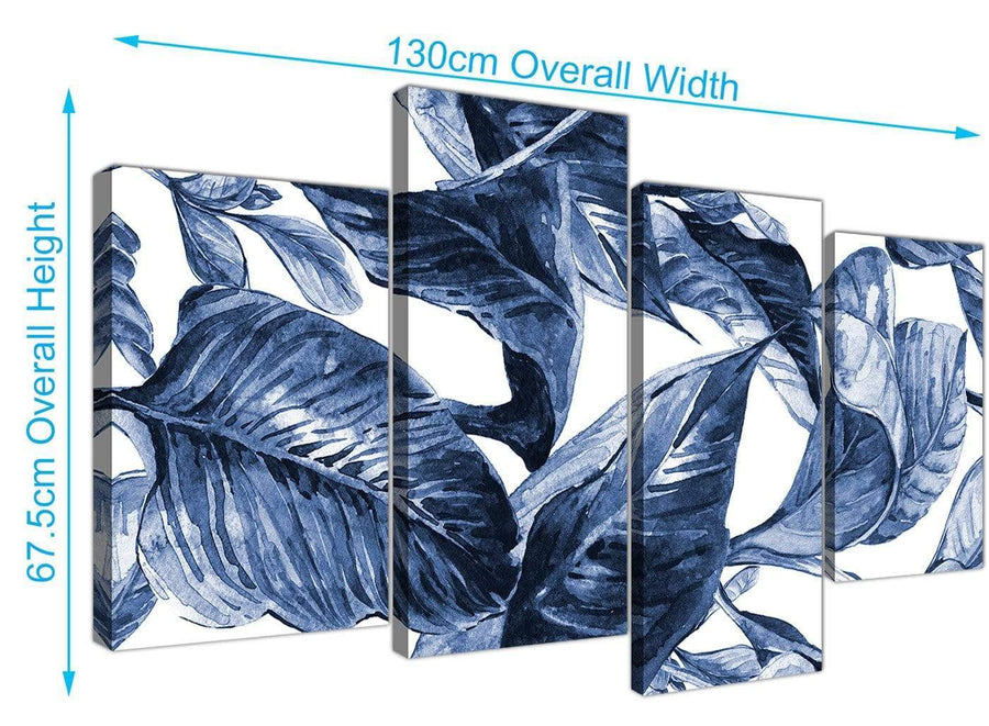 Panoramic Large Indigo Navy Blue White Tropical Leaves Canvas Multi 4 Part 4320 For Your Kitchen