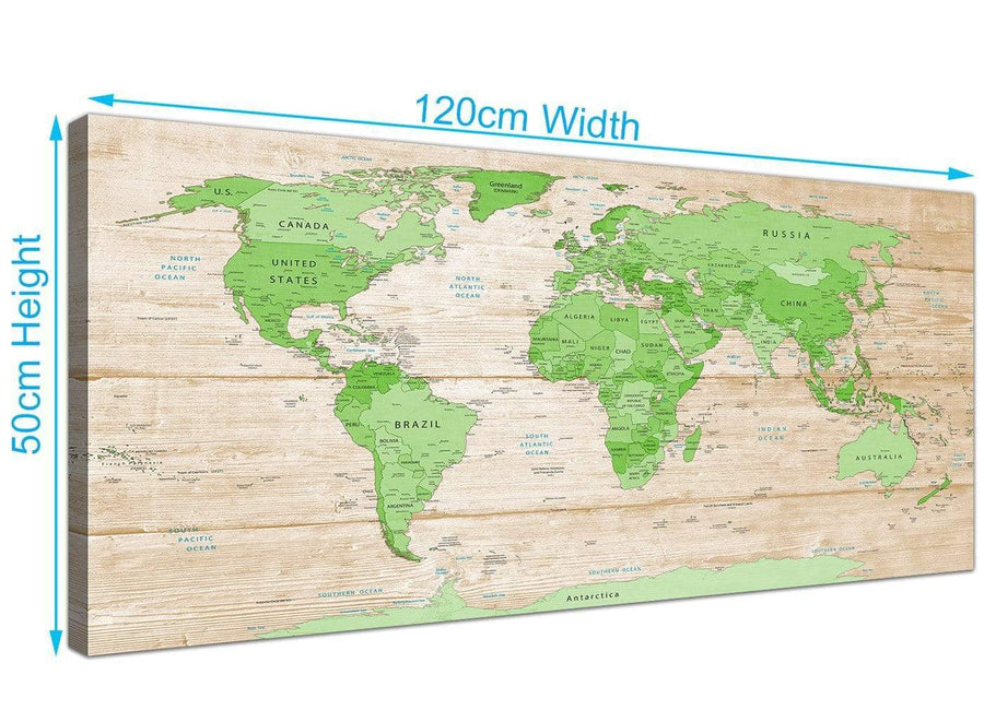 Panoramic Large Lime Green Cream World Map Atlas Canvas Modern 120cm Wide 1310 For Your Living Room