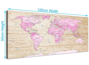 Panoramic Large Pink Cream Map Of World Atlas Canvas Modern 120cm Wide 1309 For Your Teenage Girls Bedroom