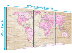 Panoramic Large Pink Cream Map Of World Atlas Canvas Split 3 Part 3309 For Your Girls Bedroom