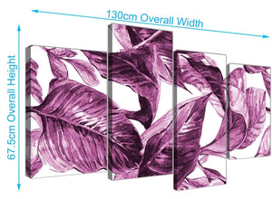 Panoramic Large Plum Aubergine White Tropical Leaves Canvas Multi 4 Set 4319 For Your Bedroom