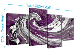 Panoramic Large Plum Purple White Swirls Modern Abstract Canvas Wall Art Split 4 Panel 130cm Wide 4353 For Your Living Room