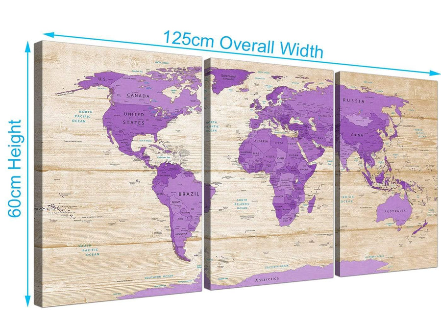 Panoramic Large Purple Cream Map Of The World Atlas Canvas Split 3 Part 3312 For Your Bedroom