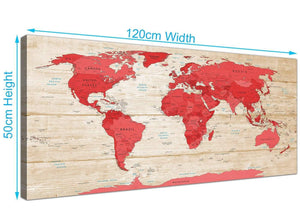Panoramic Large Red Cream Map Of World Atlas Canvas Modern 120cm Wide 1311 For Your Office