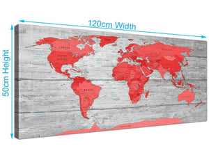 Panoramic Large Red Grey Map Of The World Atlas Canvas Wall Art Print Modern 120cm Wide 1300 For Your Office