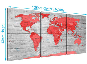 Panoramic Large Red Grey Map Of The World Atlas Canvas Wall Art Print Multi 3 Set 3300 For Your Office