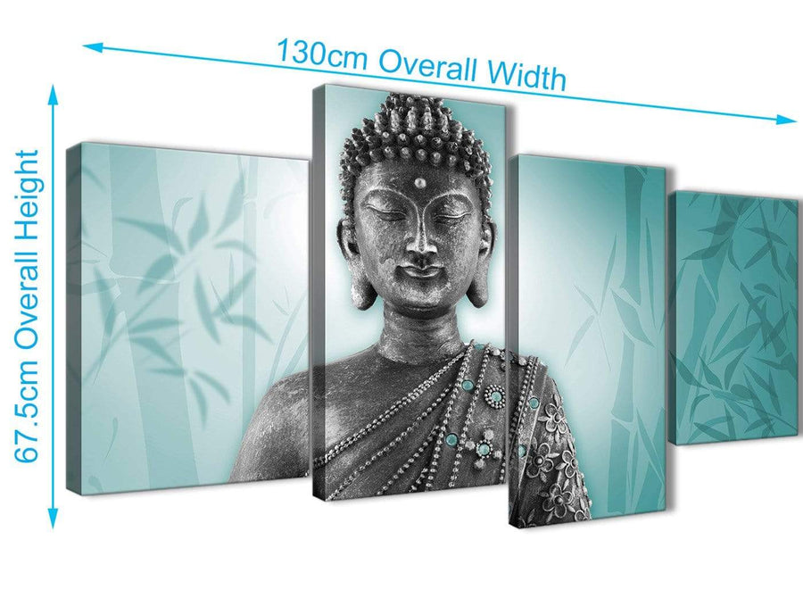 Panoramic Large Teal And Grey Silver Wall Art Prints Of Buddha Canvas Multi 4 Piece 4327 For Your Hallway