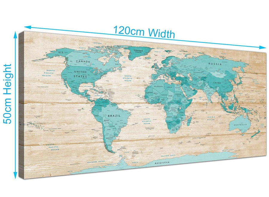 Panoramic Large Teal Cream Map Of World Atlas Canvas Modern 120cm Wide 1313 For Your Kitchen