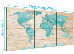 Panoramic Large Teal Cream Map Of World Atlas Canvas Split 3 Set 3313 For Your Kitchen