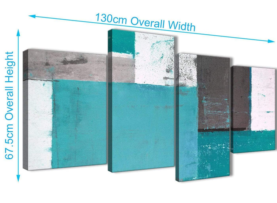 Panoramic Large Teal Grey Abstract Painting Canvas Wall Art Split 4 Panel 130cm Wide 4344 For Your Living Room