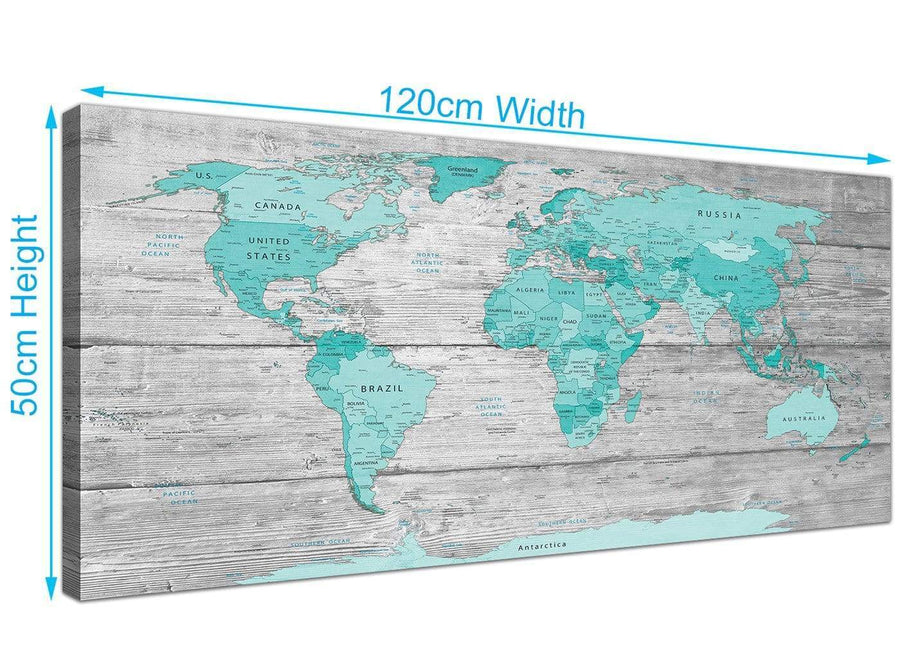 Panoramic Large Teal Grey Map Of World Atlas Maps Canvas Modern 120cm Wide 1299 For Your Office