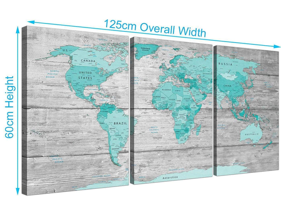 Panoramic Large Teal Grey Map Of World Atlas Maps Canvas Split 3 Part 3299 For Your Study