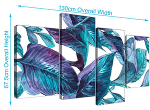 Panoramic Large Turquoise And White Tropical Leaves Canvas Split 4 Set 4323 For Your Dining Room