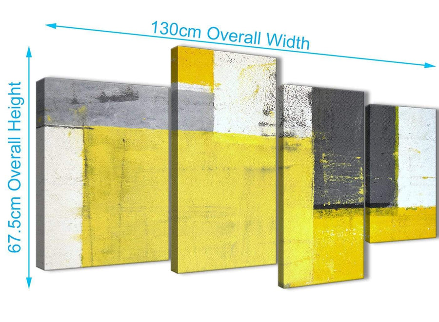 Panoramic Large Yellow Grey Abstract Painting Canvas Multi 4 Part 130cm Wide 4346 For Your Living Room