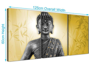Panoramic Mustard Yellow And Grey Silver Wall Art Print Of Buddha Canvas Multi 3 Panel 3328 For Your Living Room