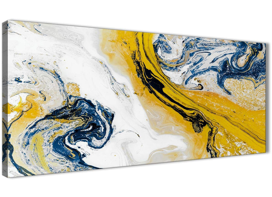 Panoramic Mustard Yellow and Blue Swirl Living Room Canvas Wall Art Accessories - Abstract 1469 - 120cm Print