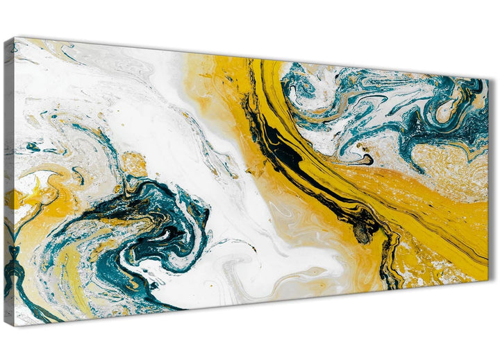 Panoramic Mustard Yellow and Teal Swirl Bedroom Canvas Wall Art Accessories - Abstract 1470 - 120cm Print - 1470