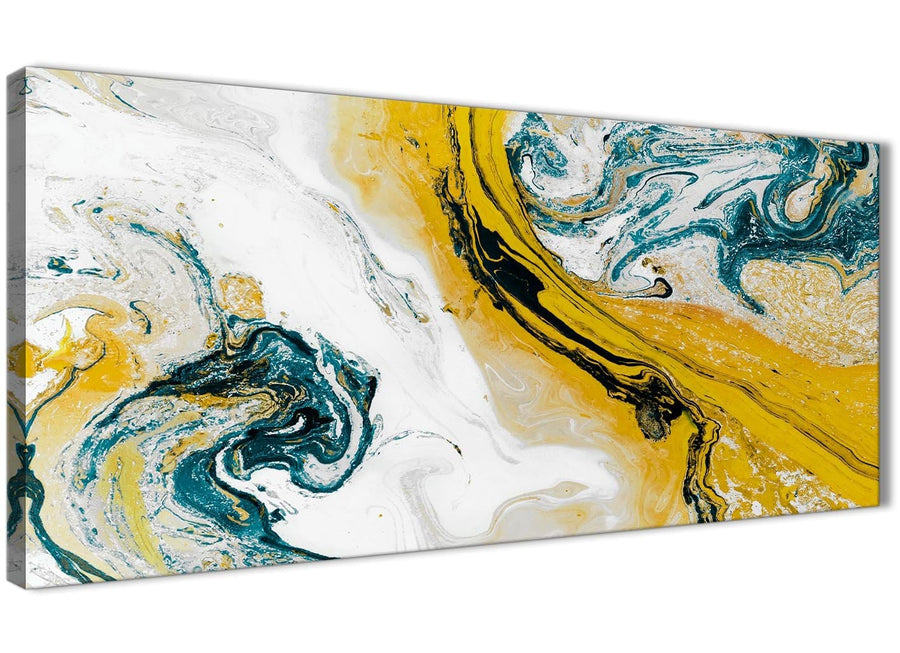 Panoramic Mustard Yellow and Teal Swirl Bedroom Canvas Wall Art Accessories - Abstract 1470 - 120cm Print