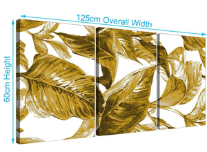Panoramic Mustard Yellow White Tropical Leaves Canvas Split 3 Panel 3318 For Your Dining Room