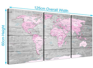 Panoramic Pink Grey Large Pink Grey Map Of World Atlas Canvas Wall Art Print ‚Äö√Ñ√¨ Maps Canvas Multi 3 Panel 3302 For Your Study