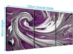 Panoramic Plum Purple White Swirls Modern Abstract Canvas Wall Art Split 3 Set 125cm Wide 3353 For Your Living Room