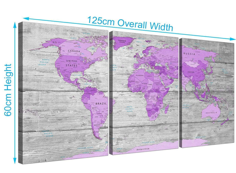 panoramic purple grey large purple and grey map of world atlas canvas wall art print maps canvas split 3 set 3298 for your teenage girls bedroom