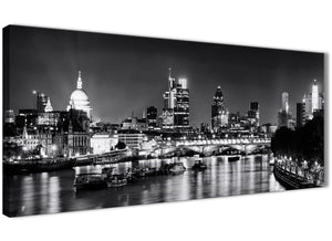 Panoramic River Thames Skyline of London Canvas Wall Art - Landscape - 1430 Black White Grey - 120cm Wide Print