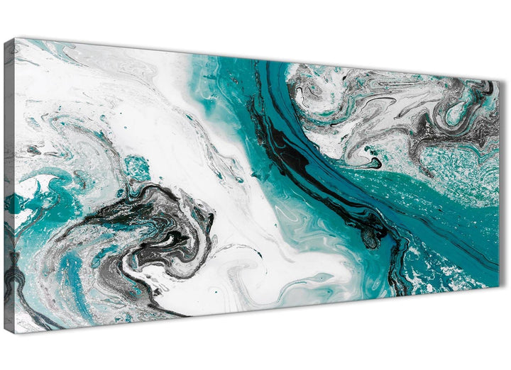 Panoramic Teal and Grey Swirl Living Room Canvas Wall Art Accessories - Abstract 1468 - 120cm Print - 3468