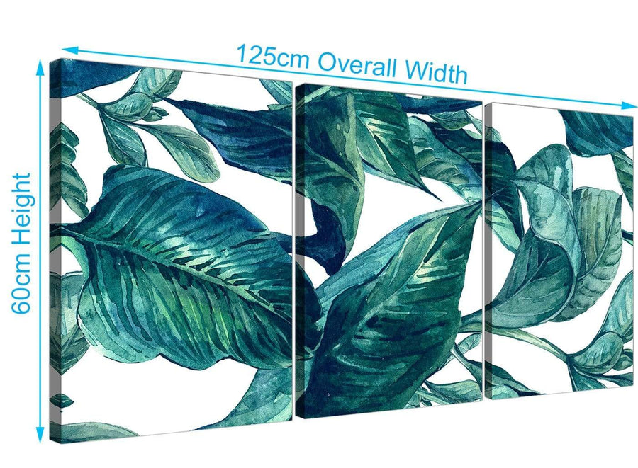 Panoramic Teal Blue Green Tropical Exotic Leaves Canvas Multi 3 Panel 3325 For Your Bedroom