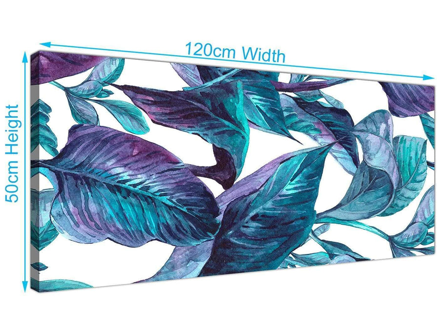 Panoramic Turquoise And White Tropical Leaves Canvas Modern 120cm Wide 1323 For Your Dining Room