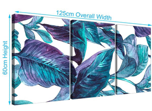 Panoramic Turquoise And White Tropical Leaves Canvas Split 3 Piece 3323 For Your Dining Room